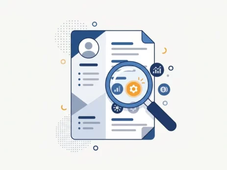 A vector illustration of a magnifying glass inspecting a resume document, highlighting a gear icon in orange.