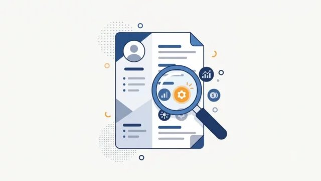 A vector illustration of a magnifying glass inspecting a resume document, highlighting a gear icon in orange.