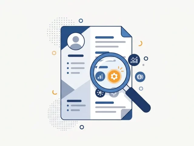 A vector illustration of a magnifying glass inspecting a resume document, highlighting a gear icon in orange.