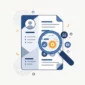 A vector illustration of a magnifying glass inspecting a resume document, highlighting a gear icon in orange.