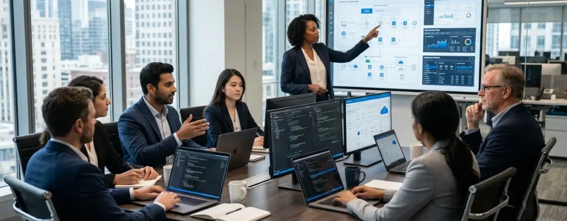 Diverse software engineering team collaborating on cloud architecture and data dashboards in a modern office meeting room.