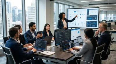Diverse software engineering team collaborating on cloud architecture and data dashboards in a modern office meeting room.