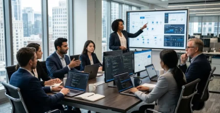 Diverse software engineering team collaborating on cloud architecture and data dashboards in a modern office meeting room.