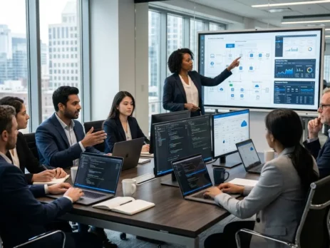 Diverse software engineering team collaborating on cloud architecture and data dashboards in a modern office meeting room.