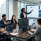 Diverse software engineering team collaborating on cloud architecture and data dashboards in a modern office meeting room.