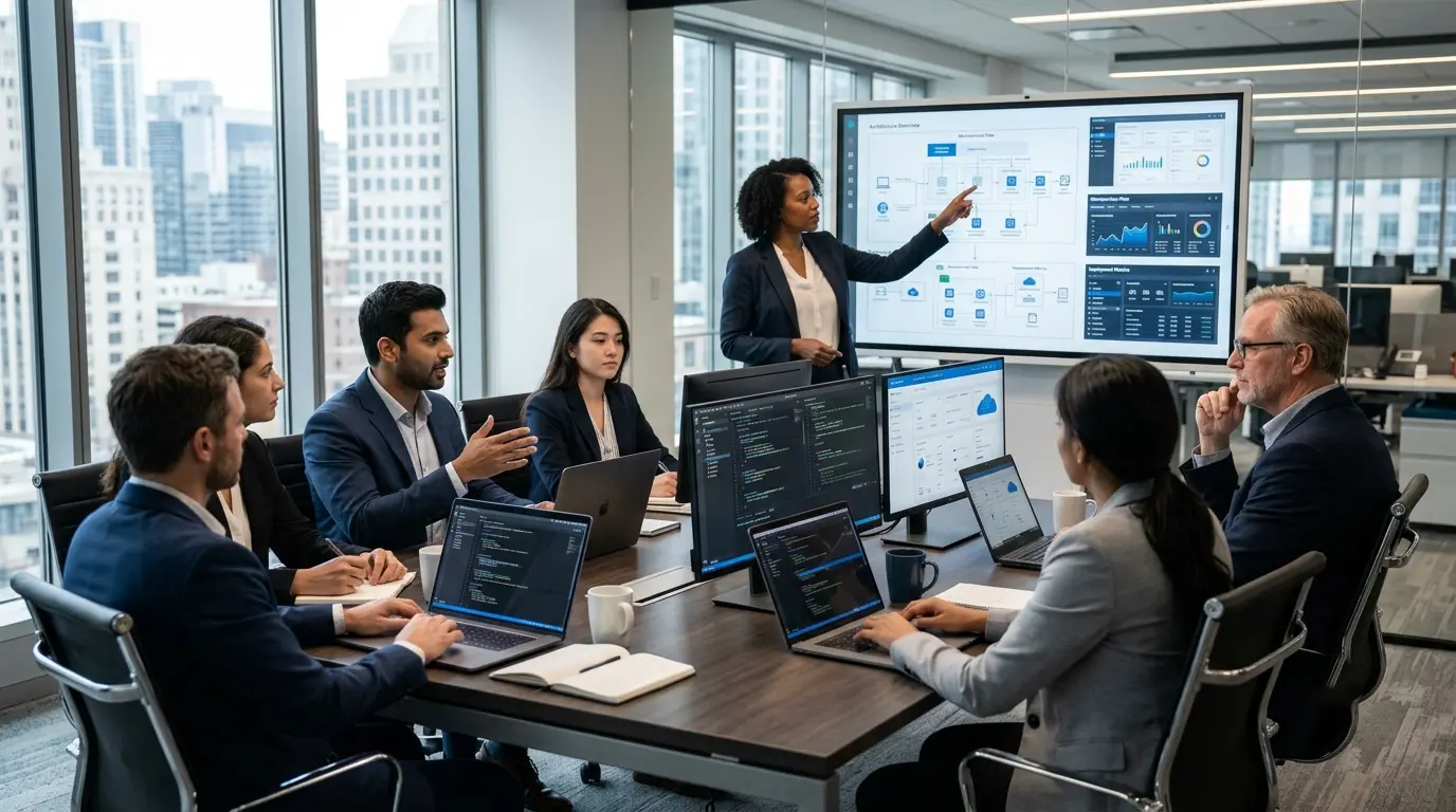 Diverse software engineering team collaborating on cloud architecture and data dashboards in a modern office meeting room.