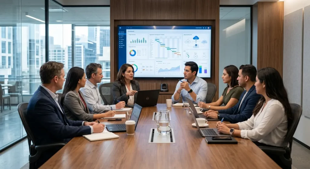 U.S. business and Mexican software team discussing a technology project