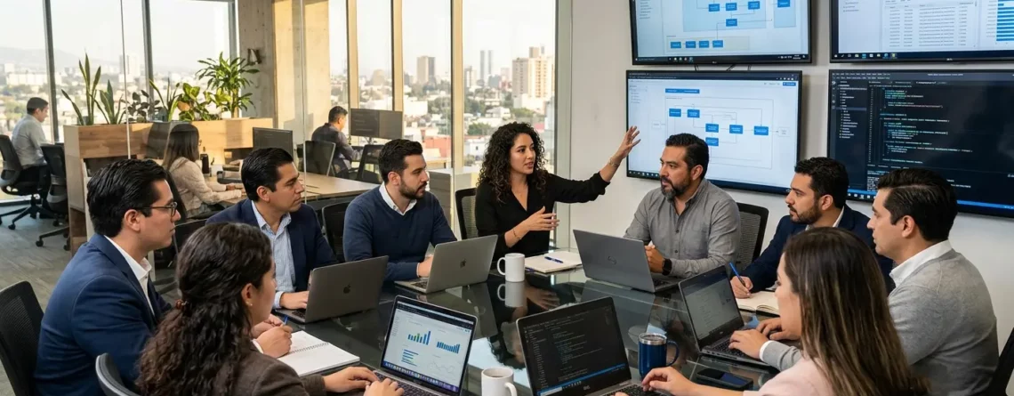 Software development team collaborating in a modern Mexican technology office
