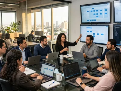 Software development team collaborating in a modern Mexican technology office