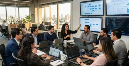 Software development team collaborating in a modern Mexican technology office