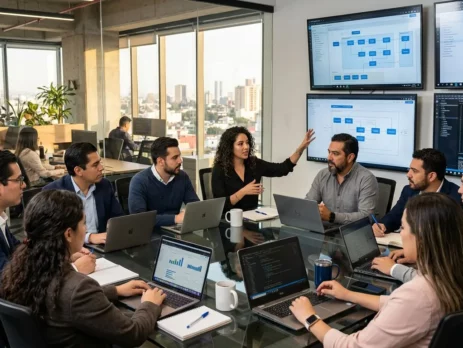 Software development team collaborating in a modern Mexican technology office