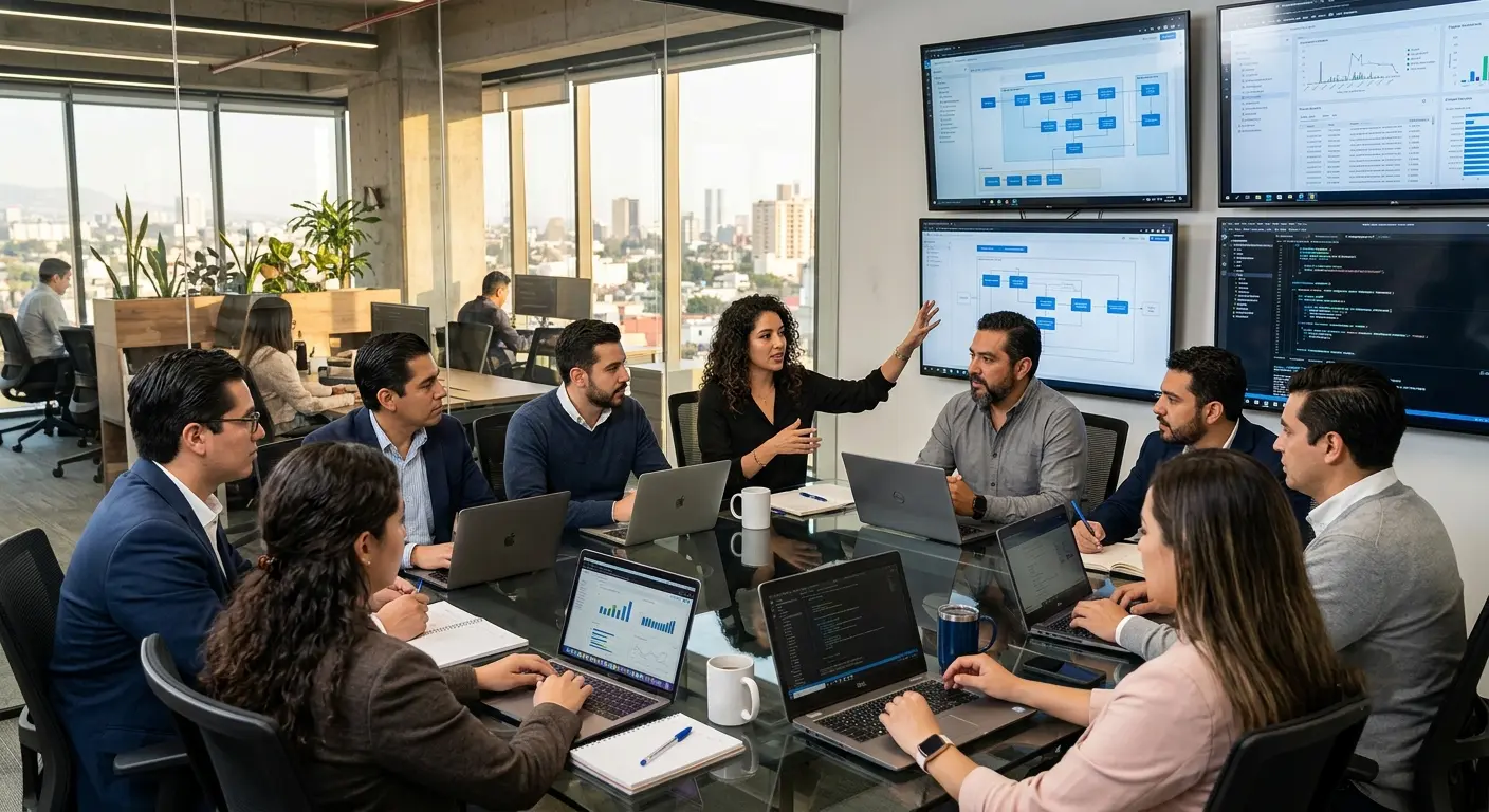Software development team collaborating in a modern Mexican technology office