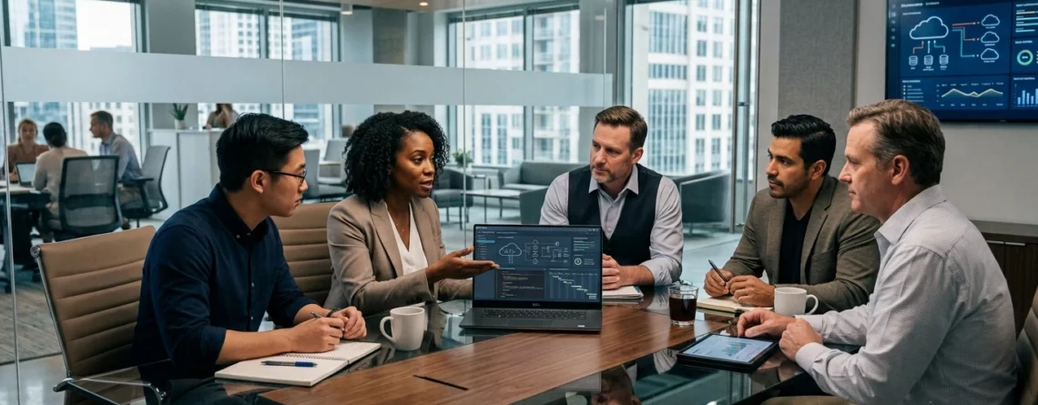 A diverse team of five software engineers and technology leaders collaborating around a conference table in a modern corporate office, looking at large monitors displaying generic cloud infrastructure, API diagrams, and performance analytics.
