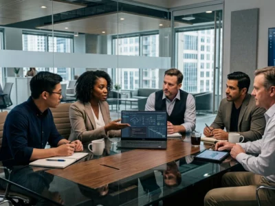 A diverse team of five software engineers and technology leaders collaborating around a conference table in a modern corporate office, looking at large monitors displaying generic cloud infrastructure, API diagrams, and performance analytics.