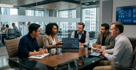 A diverse team of five software engineers and technology leaders collaborating around a conference table in a modern corporate office, looking at large monitors displaying generic cloud infrastructure, API diagrams, and performance analytics.