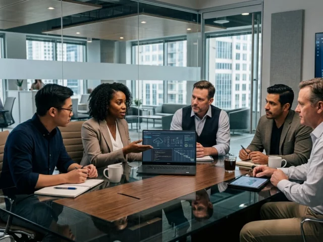 A diverse team of five software engineers and technology leaders collaborating around a conference table in a modern corporate office, looking at large monitors displaying generic cloud infrastructure, API diagrams, and performance analytics.