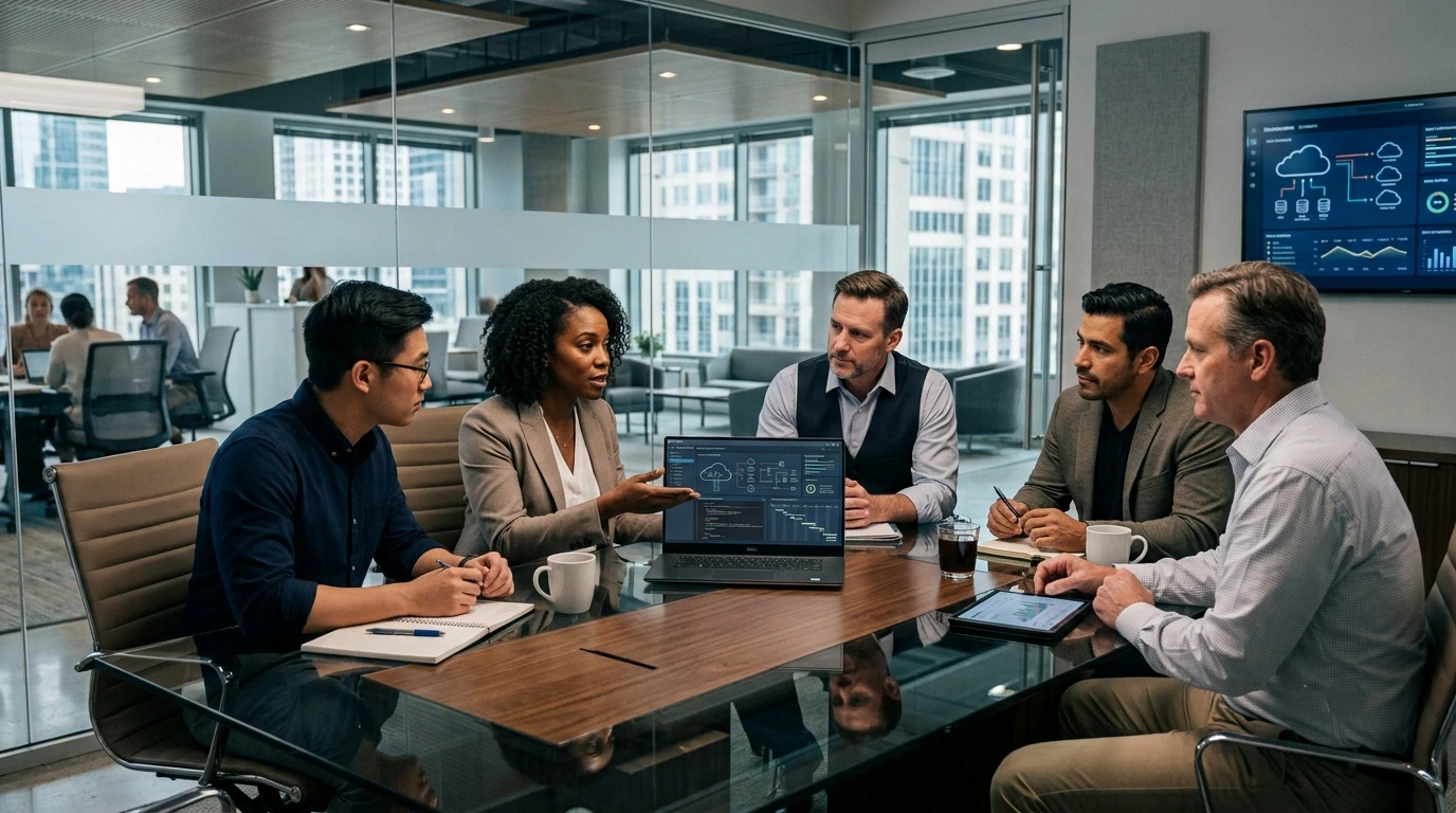 A diverse team of five software engineers and technology leaders collaborating around a conference table in a modern corporate office, looking at large monitors displaying generic cloud infrastructure, API diagrams, and performance analytics.