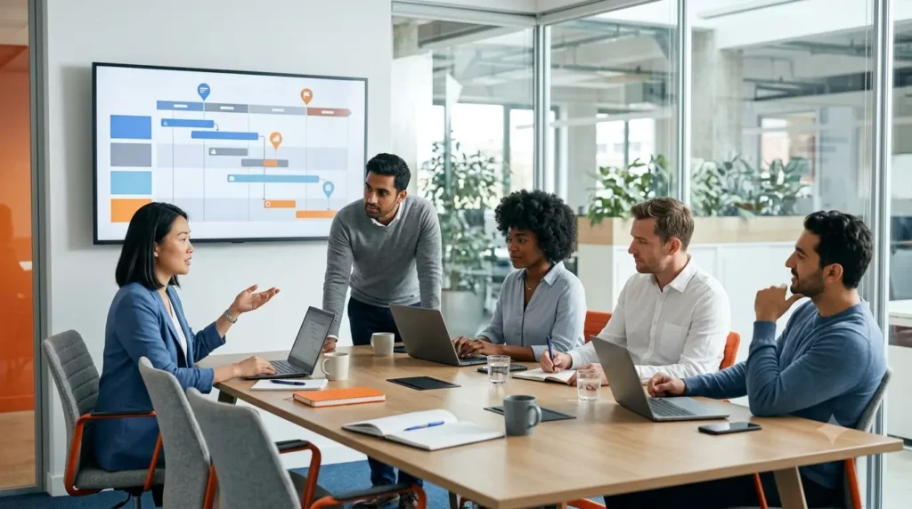 A diverse business team meets around a conference table discussing a project roadmap displayed on a large screen.