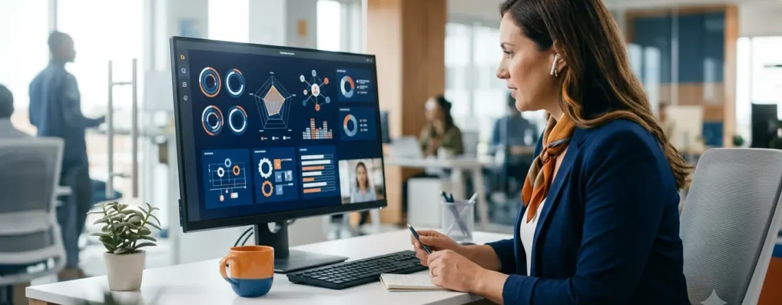 A recruiter conducts a video interview at a desk while viewing technical skill metrics on a desktop screen.