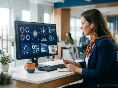 A recruiter conducts a video interview at a desk while viewing technical skill metrics on a desktop screen.