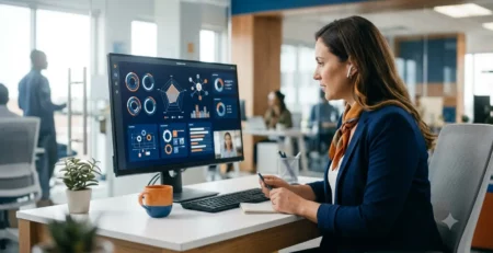 A recruiter conducts a video interview at a desk while viewing technical skill metrics on a desktop screen.