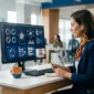 A recruiter conducts a video interview at a desk while viewing technical skill metrics on a desktop screen.