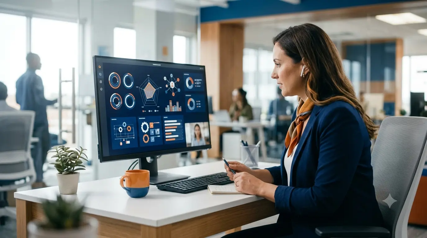 A recruiter conducts a video interview at a desk while viewing technical skill metrics on a desktop screen.