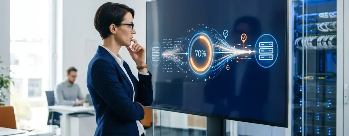 A woman in a blazer in a server room, looking at a large screen displaying a '70%' data transfer graphic.