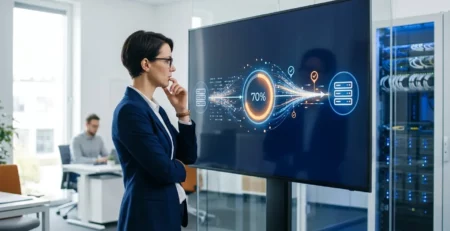 A woman in a blazer in a server room, looking at a large screen displaying a '70%' data transfer graphic.