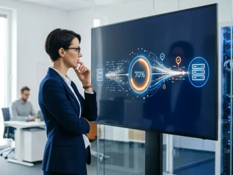 A woman in a blazer in a server room, looking at a large screen displaying a '70%' data transfer graphic.