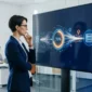 A woman in a blazer in a server room, looking at a large screen displaying a '70%' data transfer graphic.