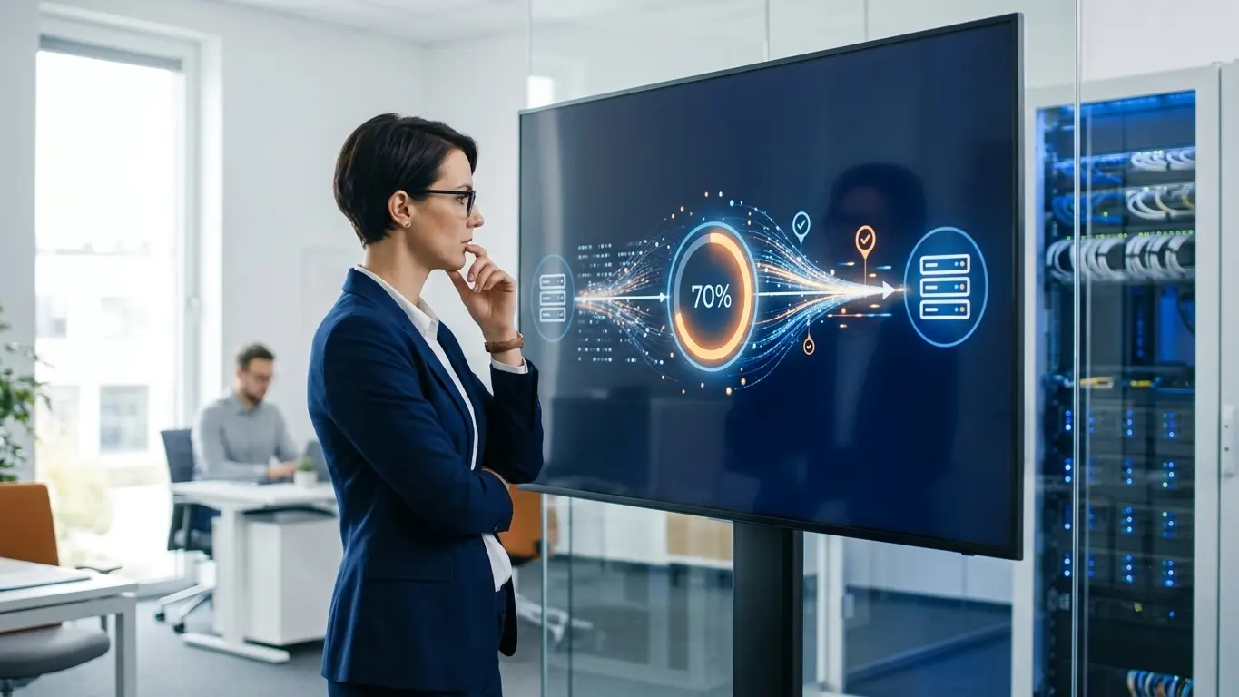A woman in a blazer in a server room, looking at a large screen displaying a '70%' data transfer graphic.