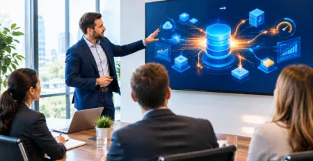 Consultant presenting S/4HANA data architecture diagram to business stakeholders in a meeting room.