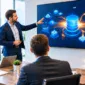 Consultant presenting S/4HANA data architecture diagram to business stakeholders in a meeting room.