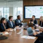 Diverse business team in formal suits seated around a conference room table during a strategy meeting, reviewing performance metrics and project roadmaps on a large display screen.