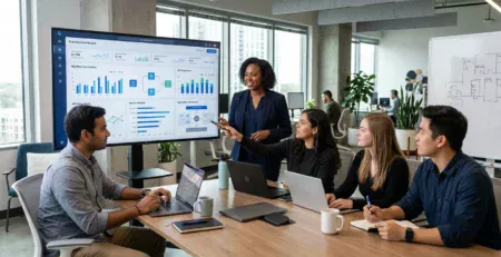 A diverse team of five software developers, project managers, and analysts collaborating around a large monitor displaying a business dashboard in a modern, naturally lit office.