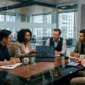 A diverse team of five software engineers and technology leaders collaborating around a conference table in a modern corporate office, looking at large monitors displaying generic cloud infrastructure, API diagrams, and performance analytics.