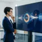 A woman in a blazer in a server room, looking at a large screen displaying a '70%' data transfer graphic.