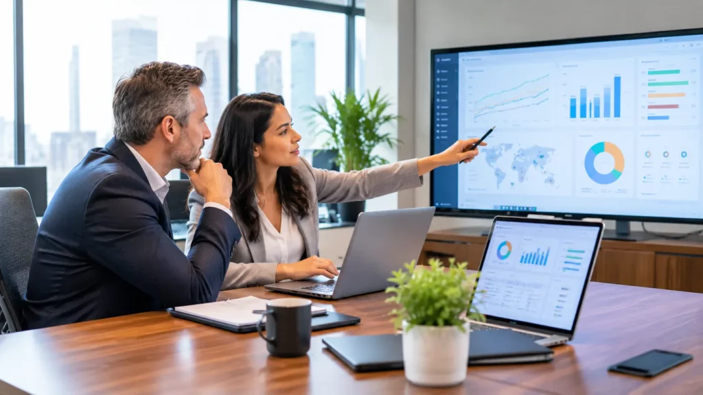 Business executive reviewing software analytics and operational data with an IT consultant.