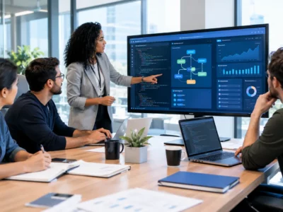 Software development team collaborating on custom software, code, workflows, and analytics in a modern corporate office.