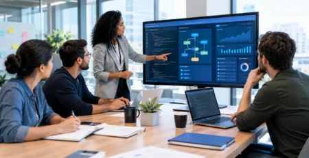 Software development team collaborating on custom software, code, workflows, and analytics in a modern corporate office.