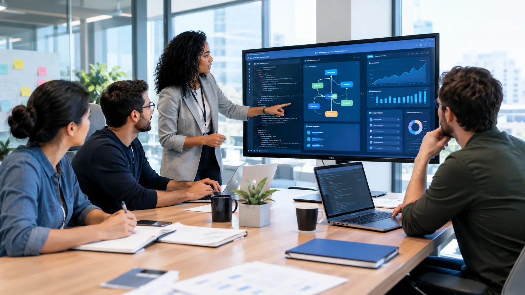 Software development team collaborating on custom software, code, workflows, and analytics in a modern corporate office.