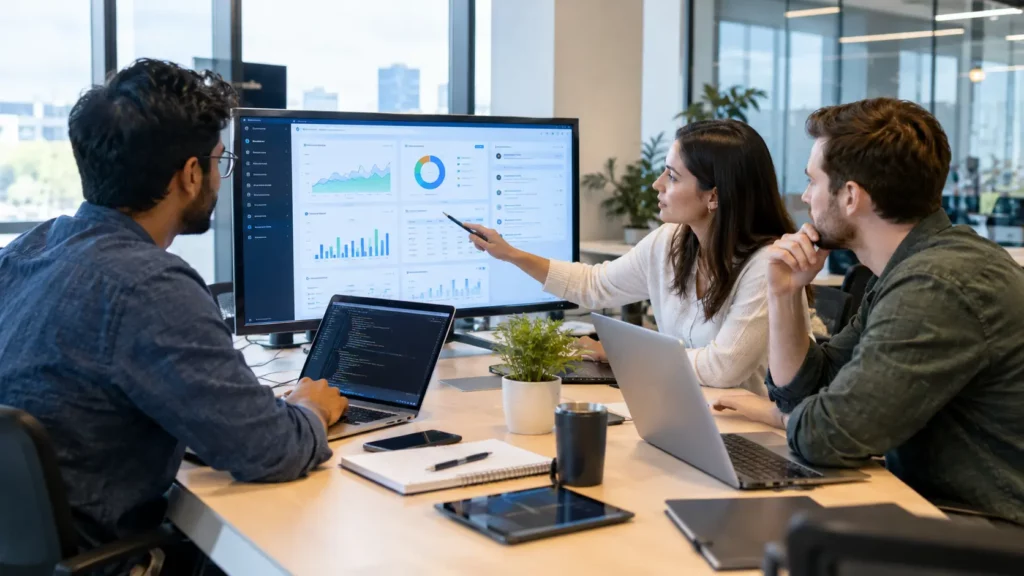 Business leader presenting software project dashboards, workflow diagrams, and analytics to colleagues in a modern corporate meeting room.