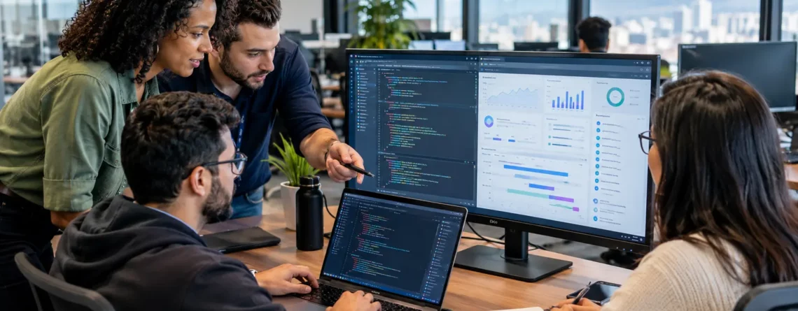 Brazilian software development team collaborating on a technology project