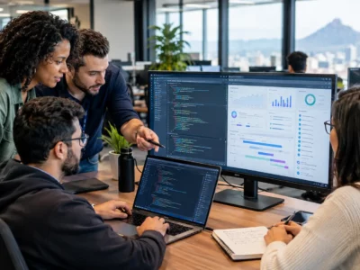 Brazilian software development team collaborating on a technology project