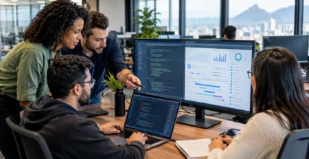 Brazilian software development team collaborating on a technology project