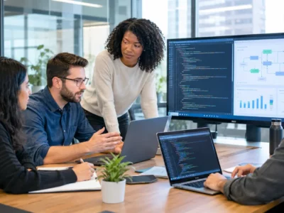 Software development team collaborating on custom software solutions for business needs.