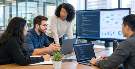 Software development team collaborating on custom software solutions for business needs.
