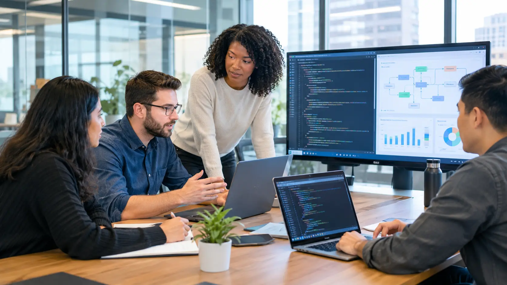 Software development team collaborating on custom software solutions for business needs.