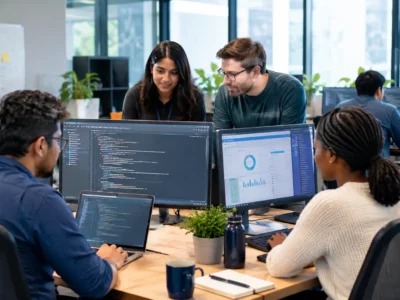 Software developers collaborating on coding, application development, and technology projects in a modern office.